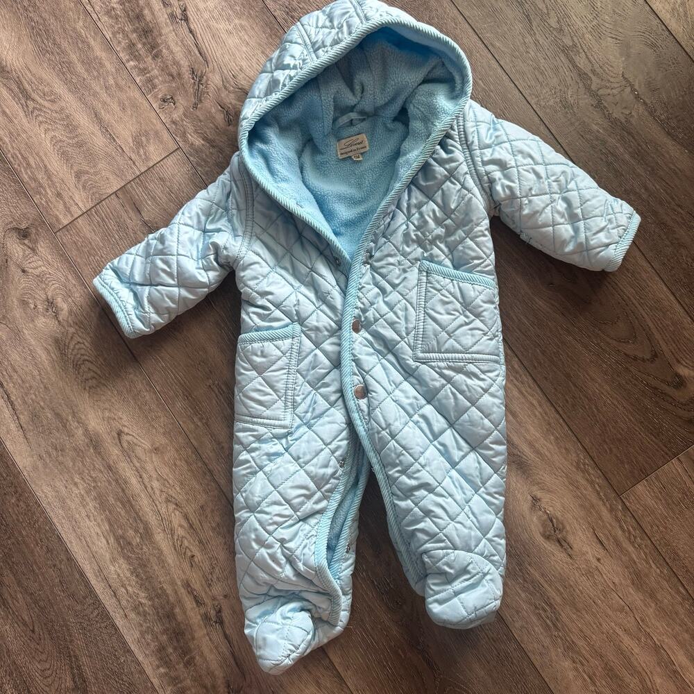 Leveret Quilted Baby Snowsuit Bunting Blue Fleece Lined Footed Made in France 6M
